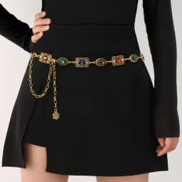 Women's Dress Waist Chain Accessory, Golden & Silver Metal Oval Carved Chain Rhinestone Belt