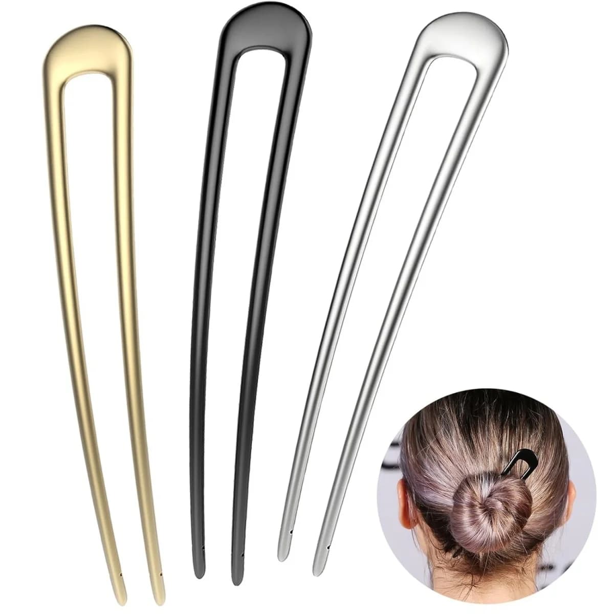 15cm U-Shaped Hair Fork Elegant Golden Silver-color Alloy Long Thick Hair French Hairpin Stick Women Girls Hair Accessories