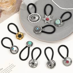 Boho Vintage Silvery Metal Hair Ties Ponytail Holder Ethnic Turquoise Black Elastic Bands Rope Scrunchie Women Hair Accessories