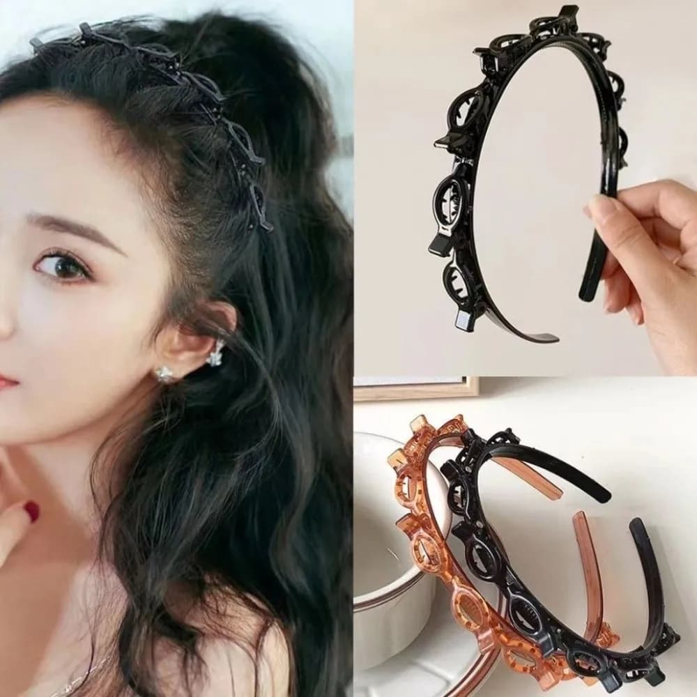 Adjustable Headband with Clips with 8 Clips Double Bangs Multi Layer Toothed Braid Tool Hoop Design Bangs Hairstyle Hairpin