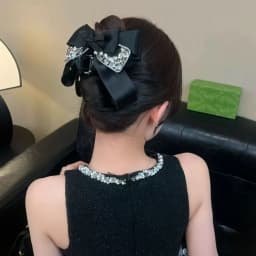 1Pc High-End Black Satin Bow Shark Clip with Glitter Diamond Satin Fashion Temperament Hair Accessory for Updo Back of Head Grab