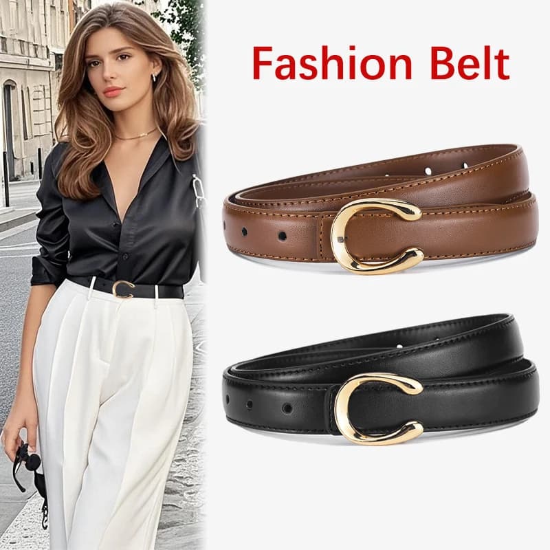 Women's C-shaped Smooth Buckle PU Belt Fashionable Versatile Dress Sweater Casual Pants Belt Simple Ladies Banquet Gifts