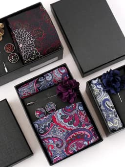 Men Tie Set With Box Flower Pin Luxury Necktie Handkerchief Brooch With Cufflinks Set Gift Box Wedding Men Suits Neck Gravatas