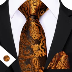 Mens Tie Yellow Golden Black Red Floral Ties Hanky Cufflinks Set Necktie Formal Wedding Dinner Party Gift
