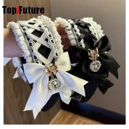 Women's Harajuku Gothic Lolita Subculture Y2K GIRL Elegant Sweet Cross Tie Strap Lace Bow Pearl Love Pendant Headband Hair Band