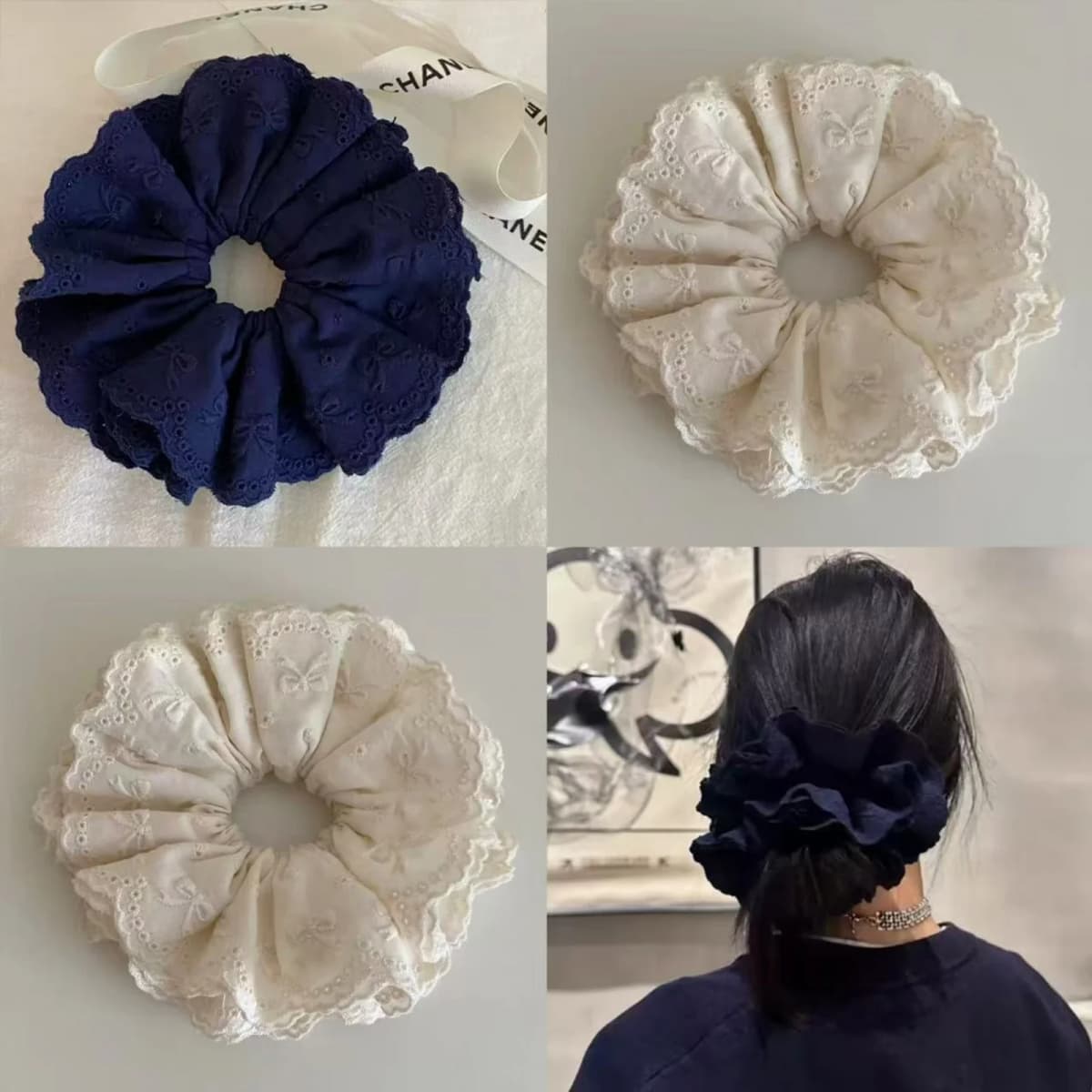 1PC Korean Niche Ballet - Style Navy Blue Bow Cotton Embroidered Chunky Hair Scrunchie, High - End Retro Hair Accessory Hair Tie