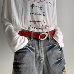 American retro belt women's Y2K oval buckle red crocodile pattern with jeans, high-end simple accessory belt