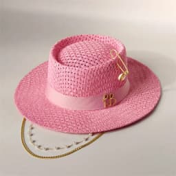 Cherry powder 2026 straw hat pearl chain DIY flat top sun hat new Korean elastic ribbon hat beach hat candy color sun hat