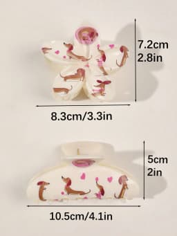 2Pcs Cute Pink Dachshund Heart Print Hair Claw Clips For Women Flower and Large Half-Circle Fashion Hair Accessories Shark Clips