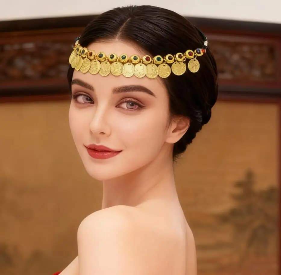 New Trendy Ethnic Style Rhinestone Forehead Chain Vintage Coin Tassel Headband Punk Style Gold Alloy Hair Accessory
