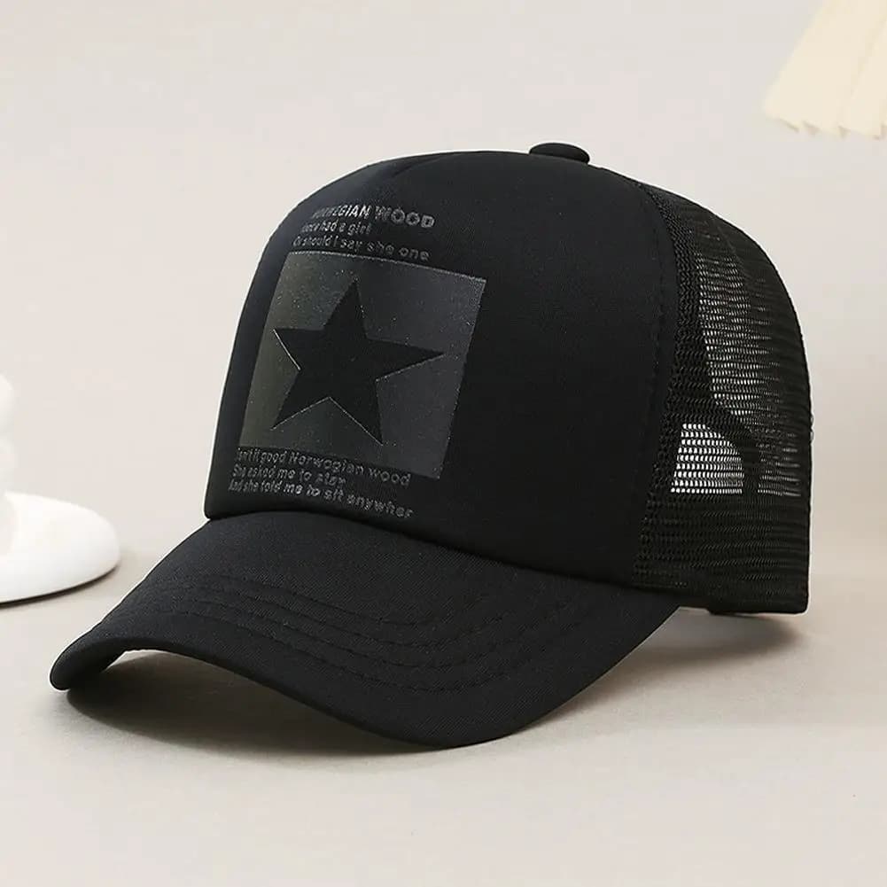 Unisex Summer Mesh Baseball Cap, Fashion Star Printed Adjustable Baseball Hat Snap Back Trucker Hat Ponytail Cap Outdoor Sports