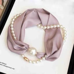 Fashion Magnetic Buckle Neck Scarf Narrow with Pearls Chain Necklace Satin Scarf Thin Soft Neckerchief