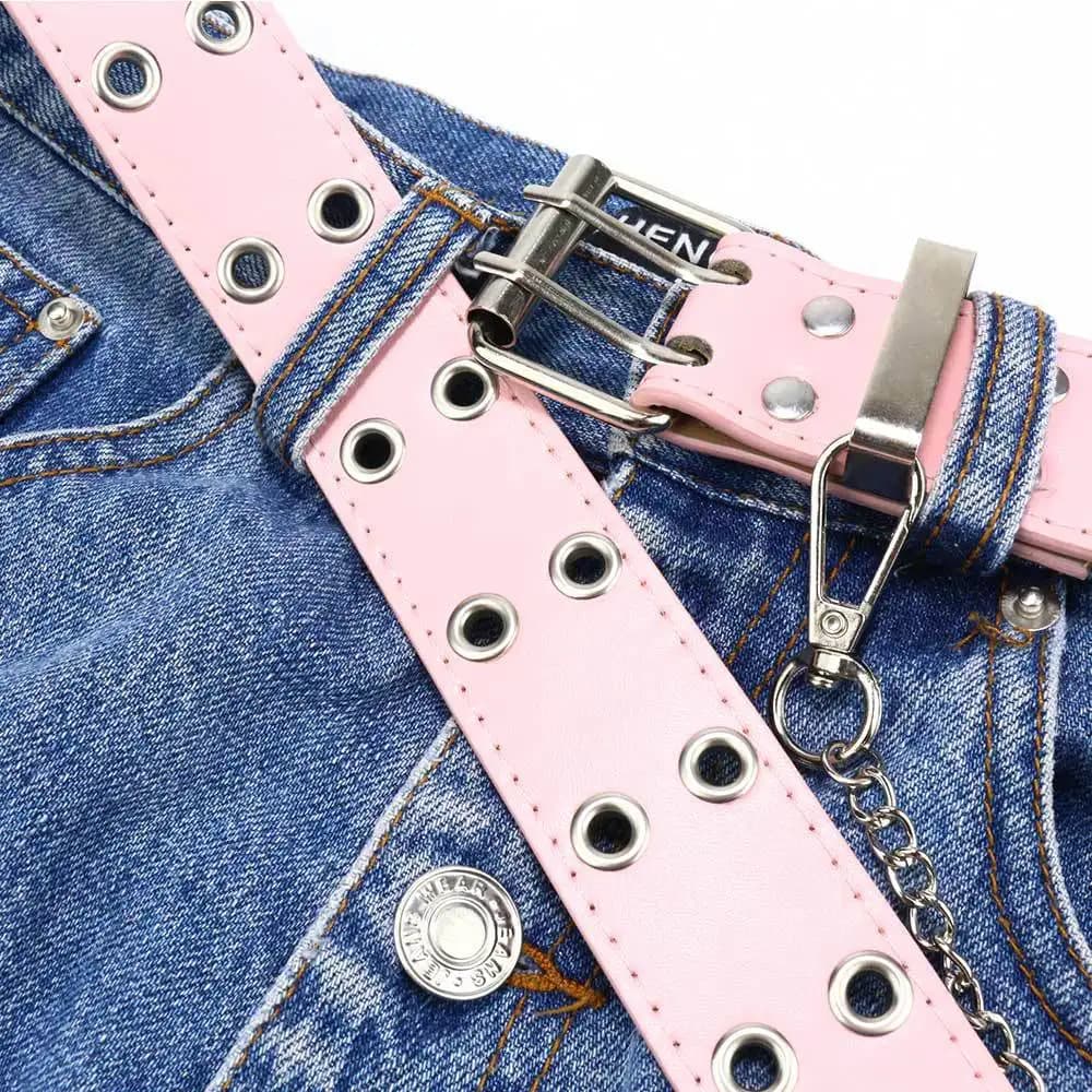 Y2K Aesthetic Punk Belt Women Pink Chain Leather Belt Adjustable with Metal Eyelets