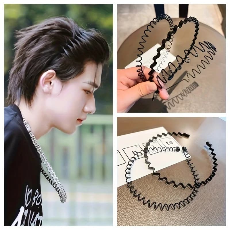 9pcs Men's Invisible Anti-Slip Sports Hair Hoops - Simple Black Wave Design. Unisex Wash Face Headbands with Non-Slip Grip