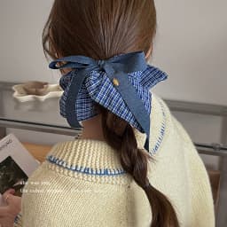 Bow Denim Blue Plaid Square Towel Large Intestine Hair Band Femininity Square Hair Accessories Headrope Rubber Band