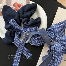 Bow Denim Blue Plaid Square Towel Large Intestine Hair Band Femininity Square Hair Accessories Headrope Rubber Band