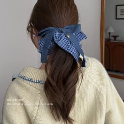 Bow Denim Blue Plaid Square Towel Large Intestine Hair Band Femininity Square Hair Accessories Headrope Rubber Band