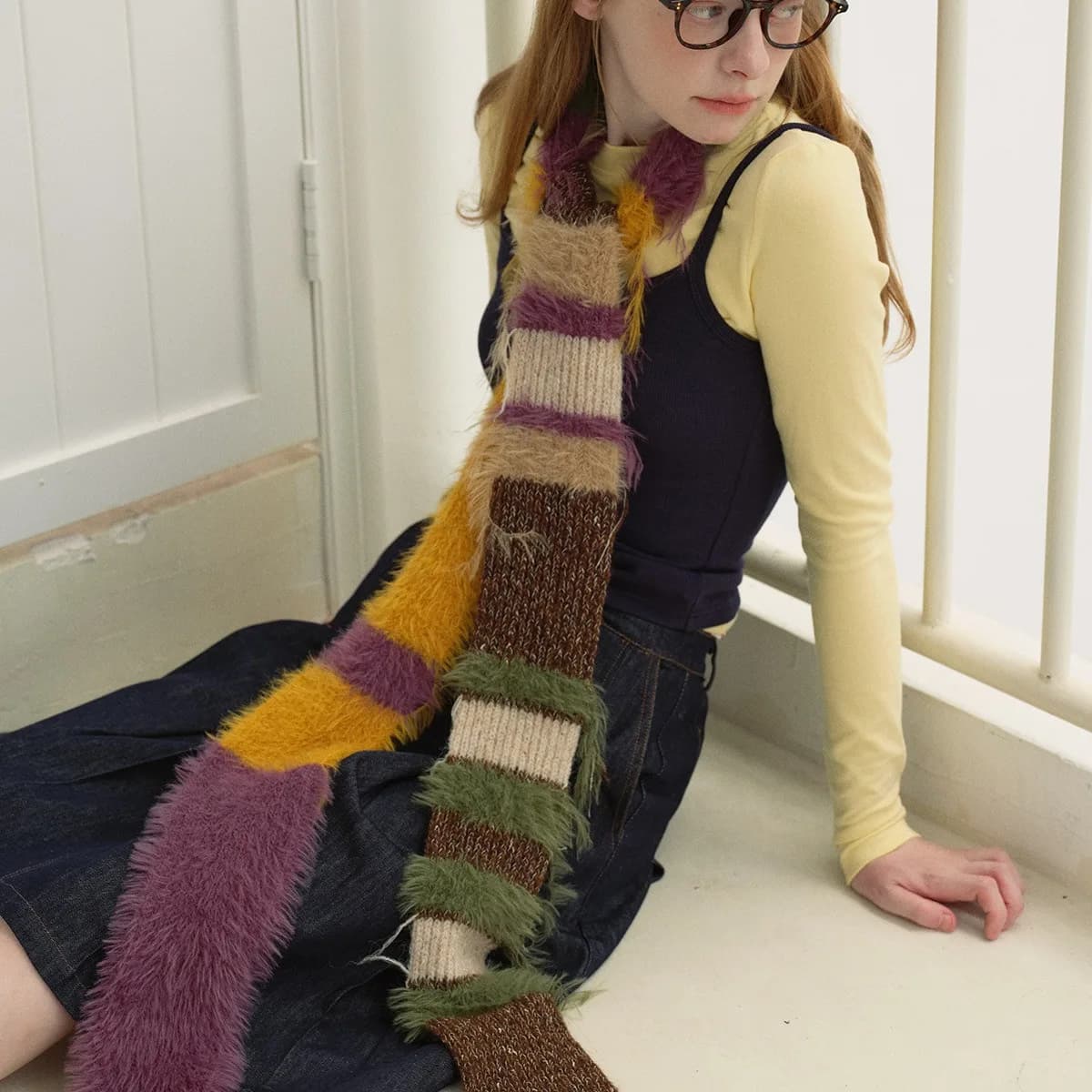 Multi-material Color Blocking Stripe Scarf Decoration Knitted Irregular Tassel Scarves Women Autumn And Winter Soft Scarf