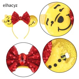 2026 Disney Winnie The Pooh Ears Headband 5"Sequin Bow Hairband For Girls Boys Festival Party DIY Hair Accessories Gift Boutique