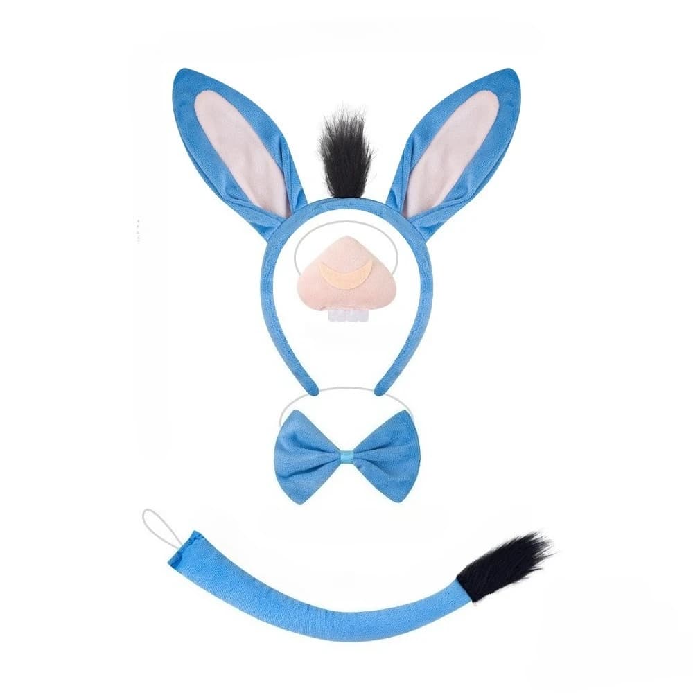 Donkey Costume Accessory Set Animal Ears Headband Tail Nose and BowTie Animal Props Halloween Cosplay Kit