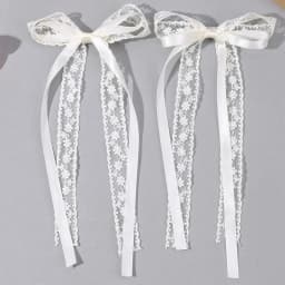 2Pcs White Lace Bow Hair Clips Flower Embroidery Long Ribbon Hairpins Sweet Floral Barrette Girls Children Headwear Accessories