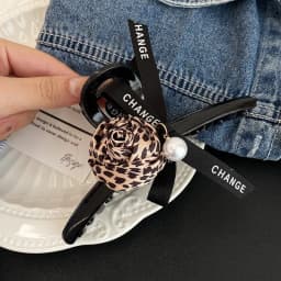 1pc elegant vintage leopard print rose pearl shark clip, stylish back-of-the-head bun hair clip exquisite hair grab clip