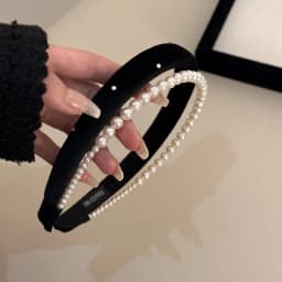 1Pc French Style High-Grade Double-Layer Pearl Headband,Black Velvet Sponge Hair Hoop,Retro Exquisite Hair Accessory for Women