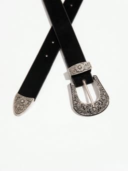 Women's black vintage bohemian style light luxury silver engraved metal buckle velvet belt for jeans, a versatile accessory be
