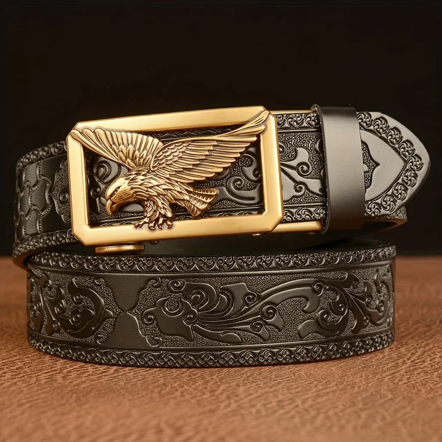 Men's Business Vintage Automatic Buckle Belt - Genuine Leather with Eagle & Floral Carvings, Perfect Gift for Husband or Father