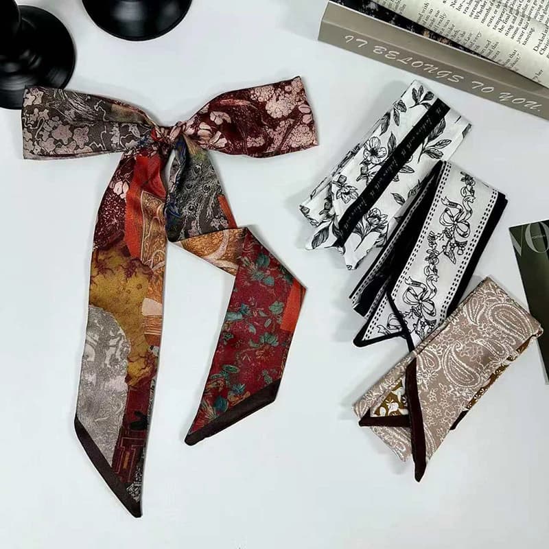 2026 New Arrival Women Vintage Floral Print Skinny Satin Scarf Summer Hair Band Strip Silk Ribbon Neck Scarves Bag Handle Ribbon