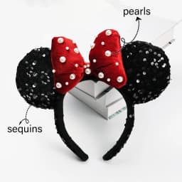 3D Velvet Mouse Ears Headband with Pearls Beads, Red Bow Hairband, Park Party Headwear for Women Girls Hair Accessories