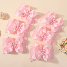 26 Letters Pink Big Bows Pearl Headbands for Baby Girls 5.98'' Wide Nylon Knotted Soft Elastic Hair Bands Wraps Headwear 1PCS