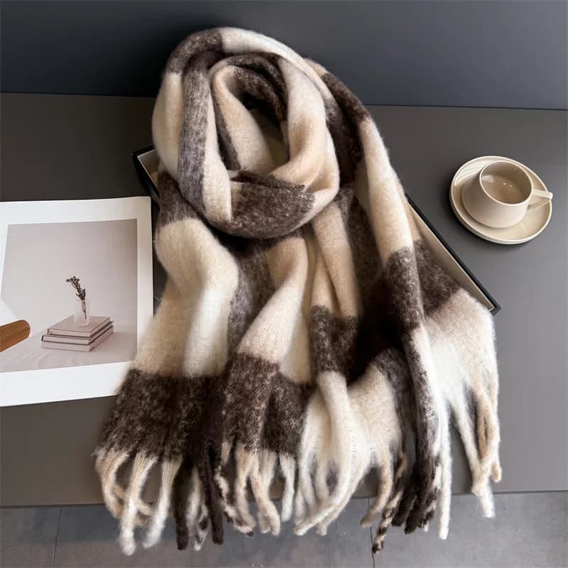 Winter Warm Thick Scarf Women Mohair Plaid Soft Tassel Shawl Wrap Pashmina Checkered Large Neck Blanket Scarf