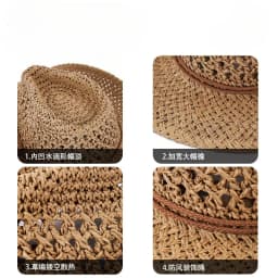Summer Beach Sunscreen Panama Straw Cap With String Classic Hollow Design Paper Straw Western Cowboy Hats