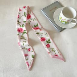 Elegant ladies’ long ribbon scarf with a rose pattern; versatile as a hairband, bag strap or neck scarf; a stylish accessory