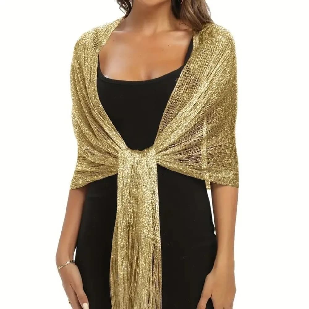 Elegant Shiny Metallic Scarf Long Gold Silver Thread Party Evening Dress Scarf with Tassel Bridal Wedding Wrap