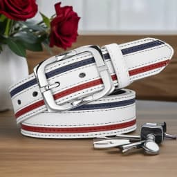 White PU Men's Belt with Red and Blue Striped Design, Adjustable Silver Slide Buckle, Perfect for Casual Jeans, Smart Casual & B