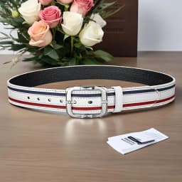 White PU Men's Belt with Red and Blue Striped Design, Adjustable Silver Slide Buckle, Perfect for Casual Jeans, Smart Casual & B