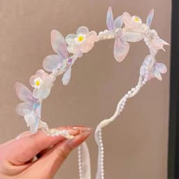 Floral Wreath Headband for Kids Pearl Streamer 2026 New Style Butterfly Braid Hair Accessories Non Slip Soft Cute Toddler Girls