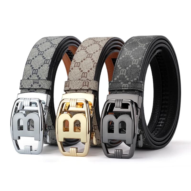 Men's B Letter Automatic Buckle Belt Monogram Print PU Leather Waist Belt for Business Casual Jeans