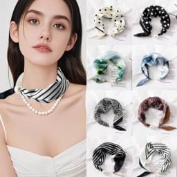 Fashion Pearl Buckle Silk Scarf Thin Printed Neck Scarf Lightweight Soft Neckerchief Women