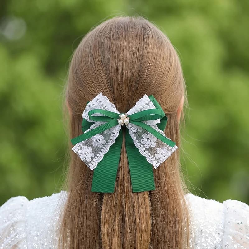 1pc Pearl Green Bow Clip – Dainty Ribbon with Faux Pearl Detail, Fresh Hair Accessory.