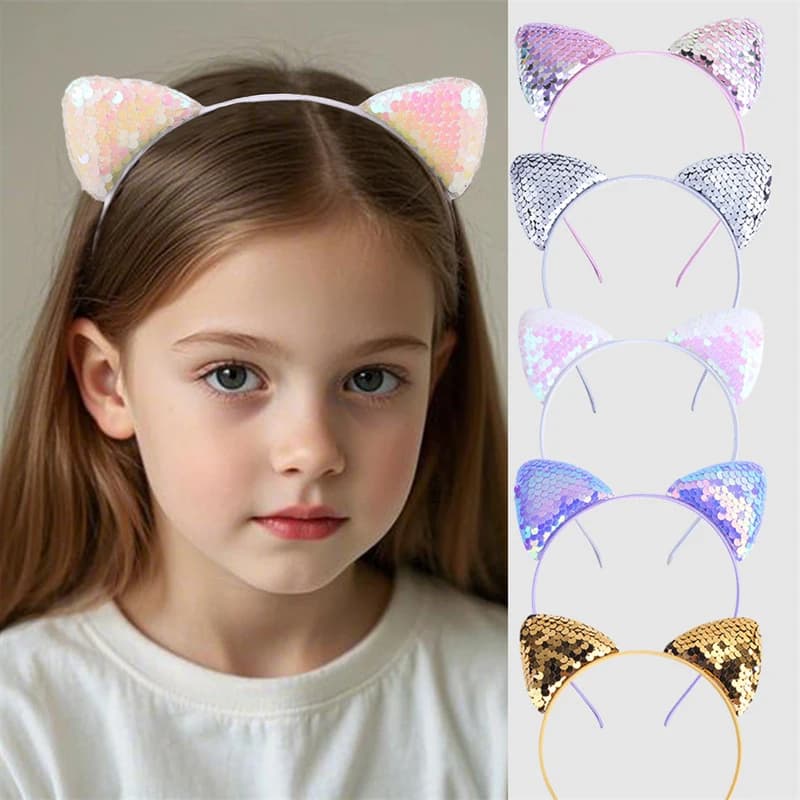 5pcs/set Daily Sweet Cat Ear Headband – Shiny Sequins & Cute Cartoon Design for an Easy, Playful Look.
