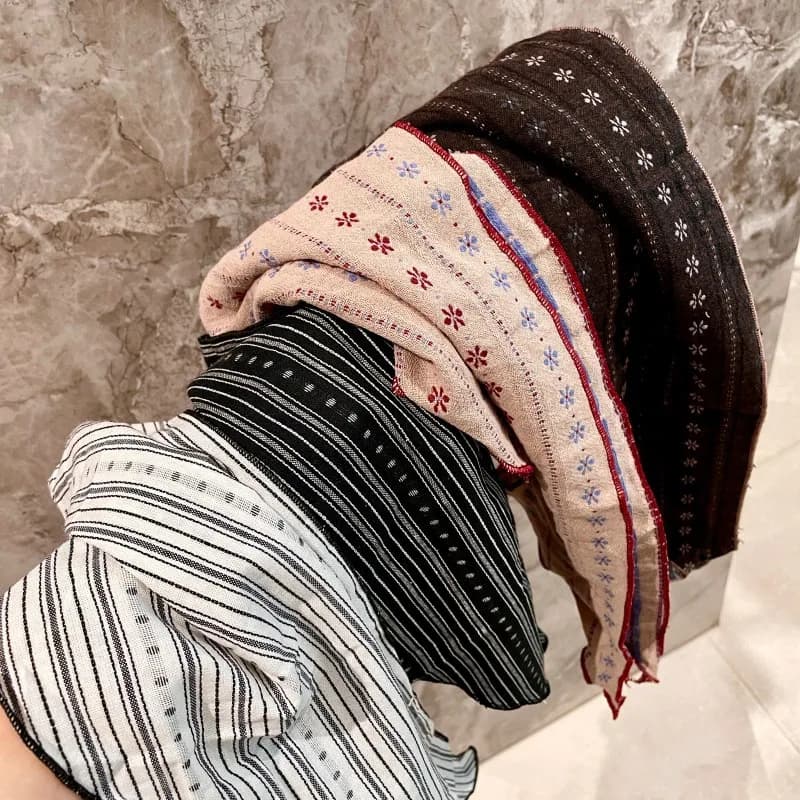 Women Vintage Floral Striped Scarf Breathable Cotton Linen Blend Triangle Neck Kerchief Boho Chic Headwrap & Necklace Scarf