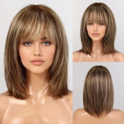 Ombre Golden Brown 100% Remy Human Hairs for Women Natural Daily Straight 12inch Short Human Hair Wigs with Bangs Heat Resistant
