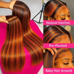 Glueless 100% Human Hair 4/350 Highlight Ombre Straight 13x4 Lace Frontal Wigs With Drawstring Ginger Orange Brown Colored Wig