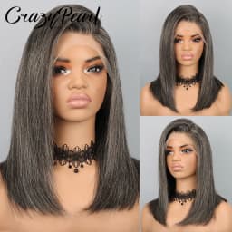 CrazyPearl Bob Wig Human Hair Salt and Pepper Grey Wigs 13X4 Straight Lace Frontal Wigs Human Hair Natural Hairline Gray Wigs