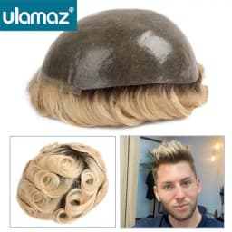 Knotted Skin Human Hair Prosthesis For Men Full Poly PU Toupee Ombre Platinum Male Hair Prosthesis Natural Hair System For Men