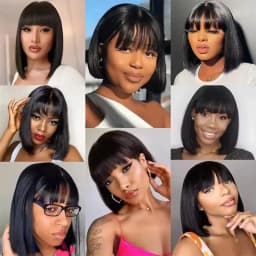 Straight Bob Wig With Bangs Machine Made Wig Natural Color Human Hair Wigs Short Bob Fringe Wigs For Women 16inch