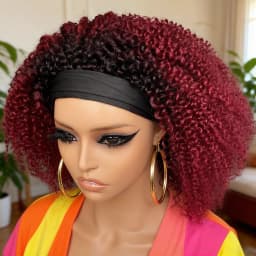 Kinky Curly Headband Wig Human Hair 250% Density, full machine made 1B Burgundy Ombre Curly Human Hair Wig for Women